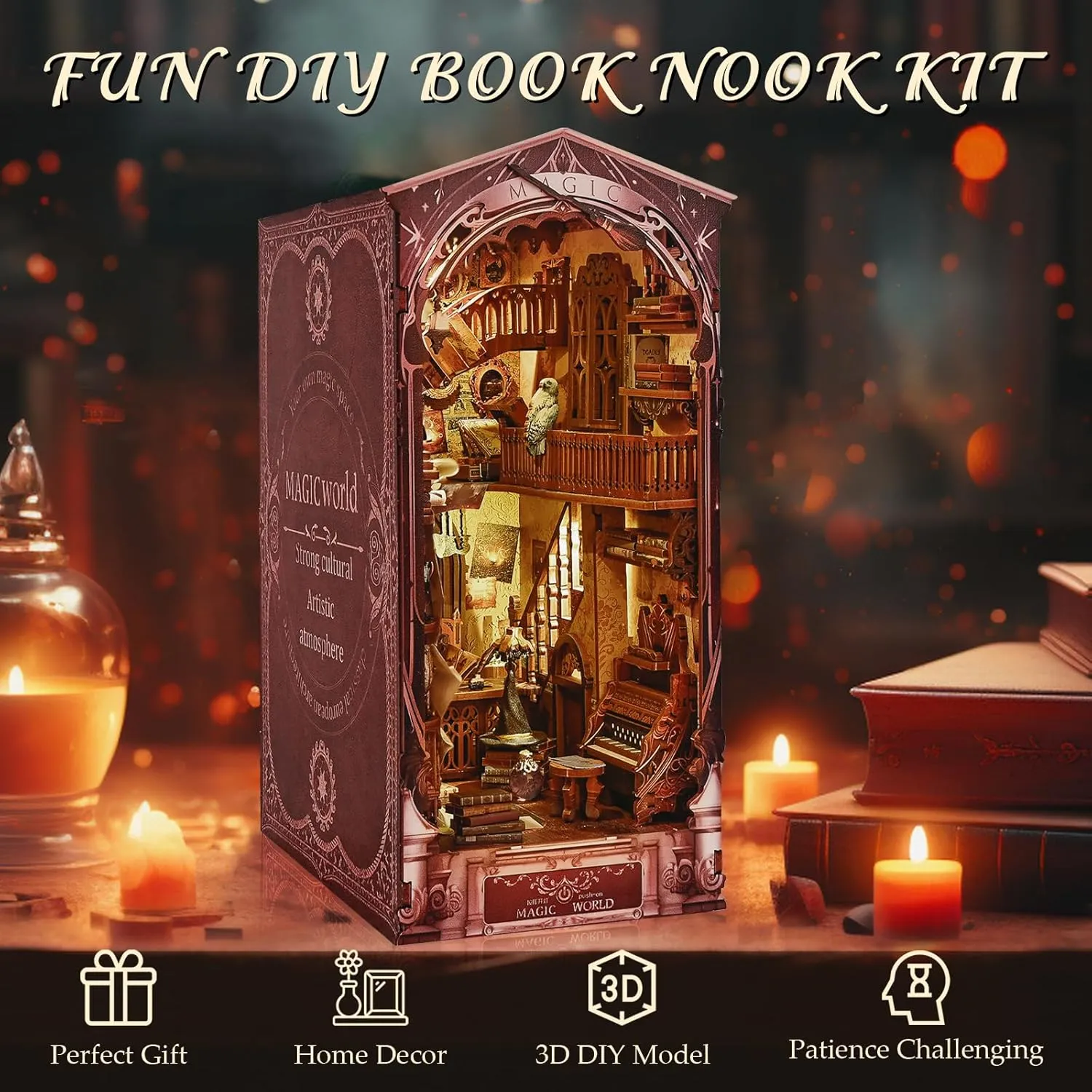 DIY Book Nook Kit - 3D Model Booknook Wooden Miniature Dollhouse Kit with Light, Puzzle Doll House Toys Bookshelf Insert Decor Crafts for Adults Teens (Magic World)