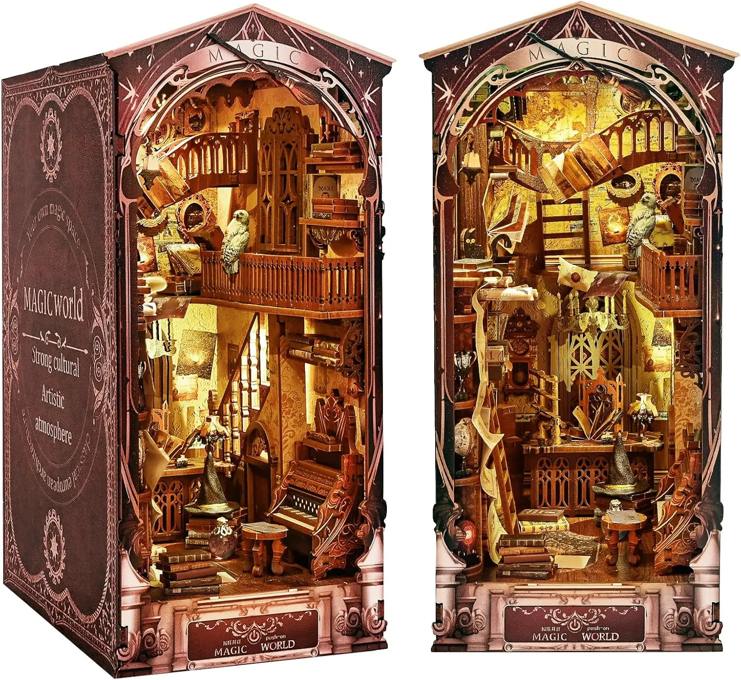 DIY Book Nook Kit - 3D Model Booknook Wooden Miniature Dollhouse Kit with Light, Puzzle Doll House Toys Bookshelf Insert Decor Crafts for Adults Teens (Magic World)