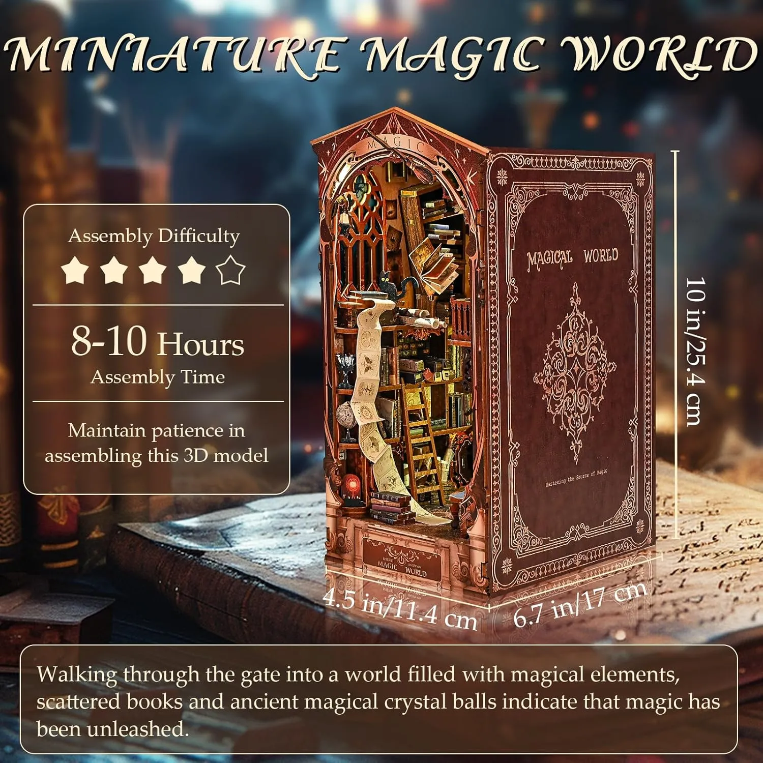 DIY Book Nook Kit - 3D Model Booknook Wooden Miniature Dollhouse Kit with Light, Puzzle Doll House Toys Bookshelf Insert Decor Crafts for Adults Teens (Magic World)
