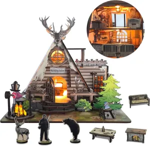 DIY Miniature House Kit for Adults - Mini Wooden Building House with LED & Dust Proof Acrylic Cover, Tiny Dollhouse Hunting Cabin with Unfixed Drawers & Door, Ideal Gift for Teens Friends Lovers