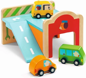 DJECO Early Learning Mini Garage - Cute Vehicle Toys for Toddlers - Fun & Creative Activity for Family & Friends - Wooden Automobile Set for Children 18  Months Girls & Boys