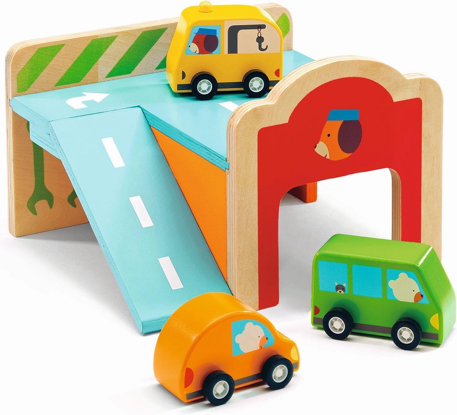 DJECO Early Learning Mini Garage - Cute Vehicle Toys for Toddlers - Fun & Creative Activity for Family & Friends - Wooden Automobile Set for Children 18  Months Girls & Boys
