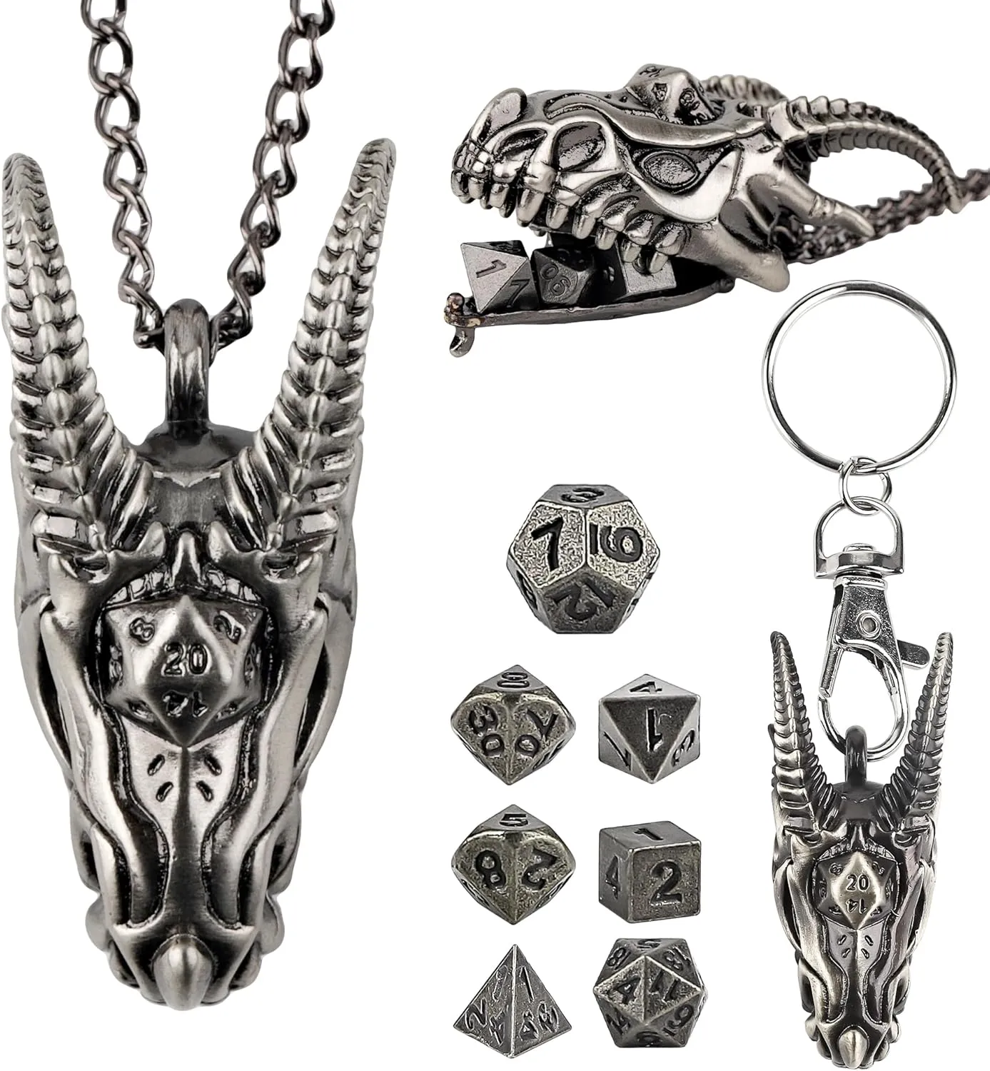 DND Dice Set with Dragon Head Necklace Mini Metal DND Dice Keychain 7PCS Tiny Portable RPG Accessory Dungeons and Dragons Gift for Tabletop Gamers