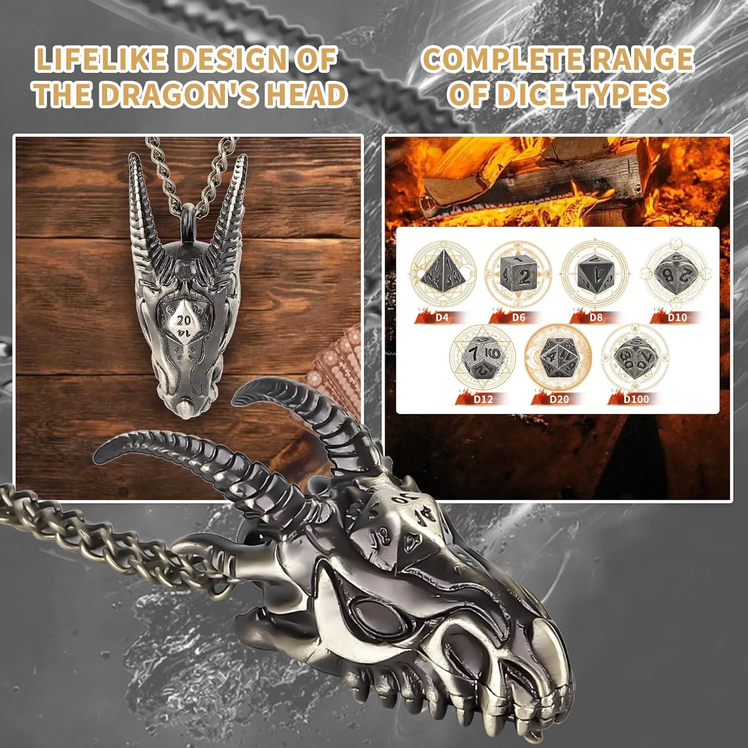 DND Dice Set with Dragon Head Necklace Mini Metal DND Dice Keychain 7PCS Tiny Portable RPG Accessory Dungeons and Dragons Gift for Tabletop Gamers