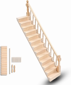 Doll House Stairs, 1/12 Scale Miniature Staircase Glossy Rounded Corners Birch Material DIY Vivd Cute for Girls Making Crafts Toys (Right handrail)