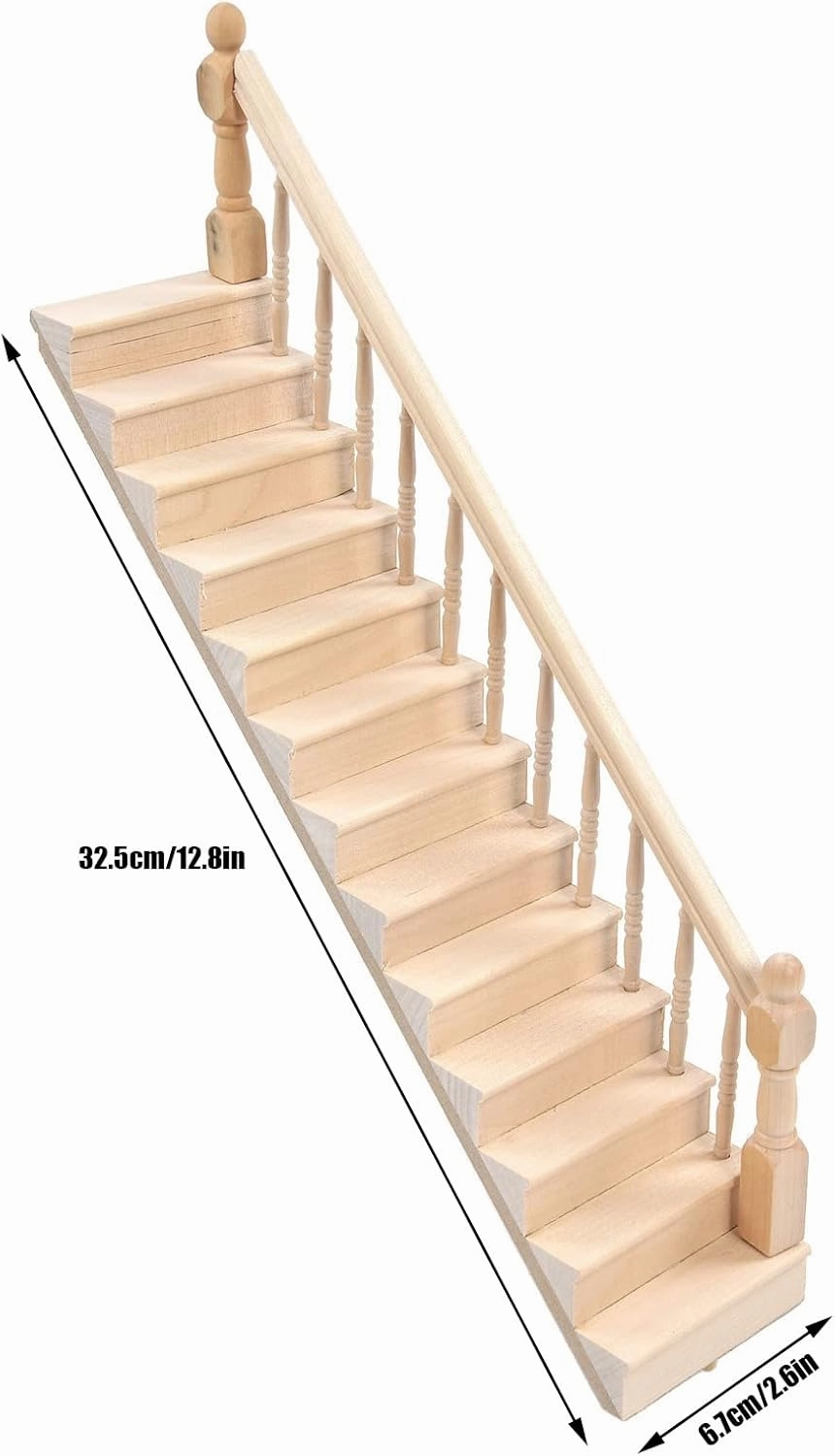 Doll House Stairs, 1/12 Scale Miniature Staircase Glossy Rounded Corners Birch Material DIY Vivd Cute for Girls Making Crafts Toys (Right handrail)