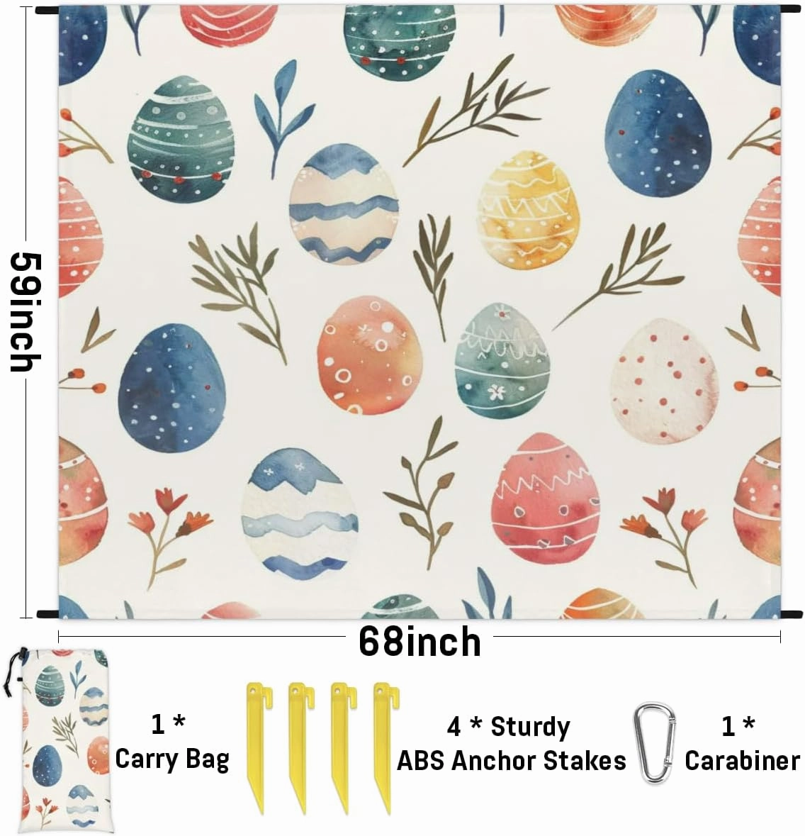 Easter Beach Blanket, Sandproof Beach Mat, Adults Waterproof Quick Drying Sand Free Mat with 4 x Ground Spikes for Outdoor Travel Camping Hiking, Easter Eggs