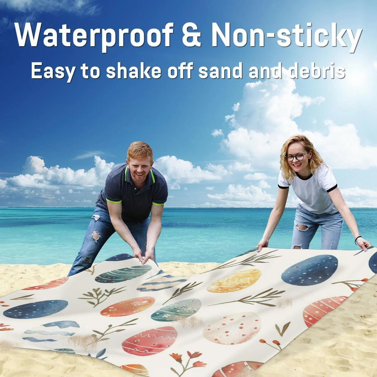 Easter Beach Blanket, Sandproof Beach Mat, Adults Waterproof Quick Drying Sand Free Mat with 4 x Ground Spikes for Outdoor Travel Camping Hiking, Easter Eggs