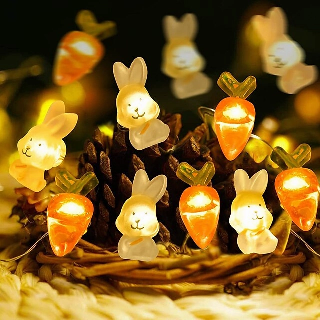 Easter Decor String Lights 2M 20LEDs Battery Powered Rabbit Radish Copper Wire LED Fairy String Lights for Easter Home Garden Decoration Wreath Lights