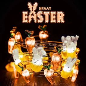 Easter Decor String Lights 2M 20LEDs Battery Powered Rabbit Radish Copper Wire LED Fairy String Lights for Easter Home Garden Decoration Wreath Lights