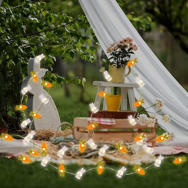 Easter Decor String Lights 2M 20LEDs Battery Powered Rabbit Radish Copper Wire LED Fairy String Lights for Easter Home Garden Decoration Wreath Lights