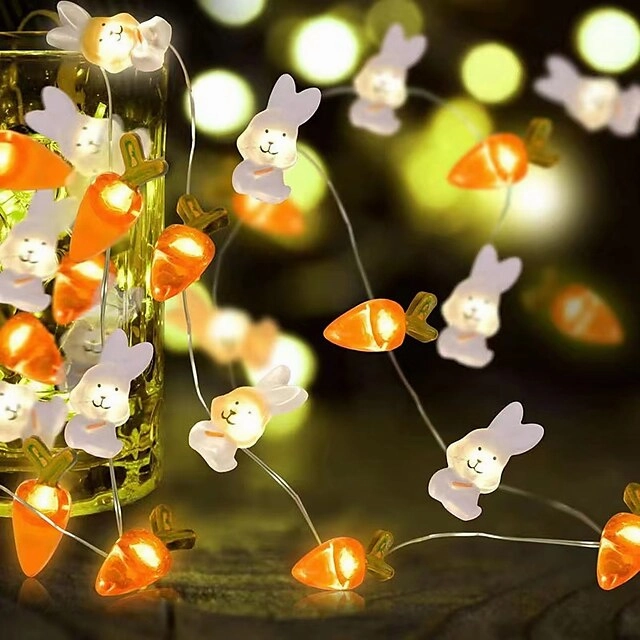 Easter Decor String Lights 2M 20LEDs Battery Powered Rabbit Radish Copper Wire LED Fairy String Lights for Easter Home Garden Decoration Wreath Lights
