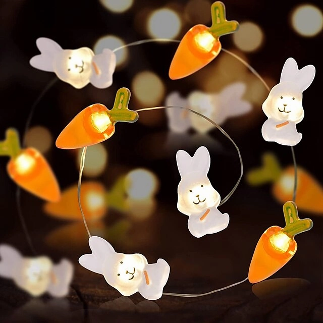 Easter Decor String Lights 2M 20LEDs Battery Powered Rabbit Radish Copper Wire LED Fairy String Lights for Easter Home Garden Decoration Wreath Lights