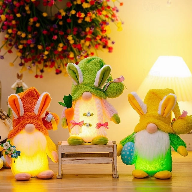 Easter LED Hat-Wearing Rabbit Dwarf Doll - Indoor Party & Restaurant Festive Decoration with AAA Battery Powered for Home Patio Garden Decorations