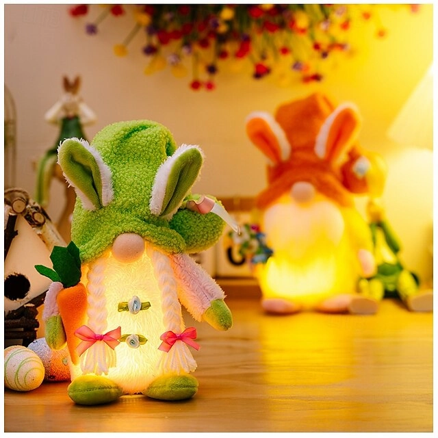 Easter LED Hat-Wearing Rabbit Dwarf Doll - Indoor Party & Restaurant Festive Decoration with AAA Battery Powered for Home Patio Garden Decorations