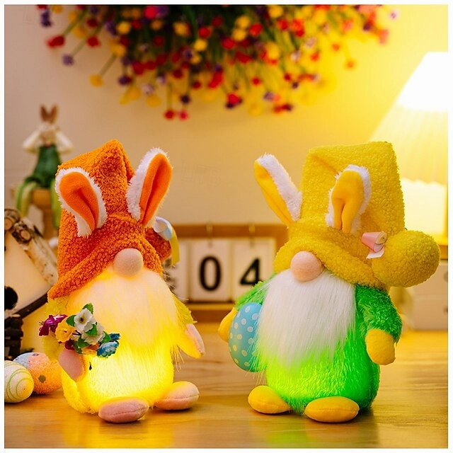 Easter LED Hat-Wearing Rabbit Dwarf Doll - Indoor Party & Restaurant Festive Decoration with AAA Battery Powered for Home Patio Garden Decorations