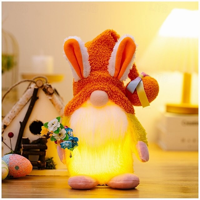 Easter LED Hat-Wearing Rabbit Dwarf Doll - Indoor Party & Restaurant Festive Decoration with AAA Battery Powered for Home Patio Garden Decorations