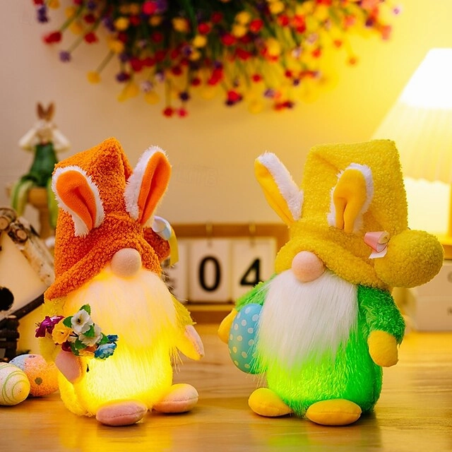 Easter LED Hat-Wearing Rabbit Dwarf Doll - Indoor Party & Restaurant Festive Decoration with AAA Battery Powered for Home Patio Garden Decorations