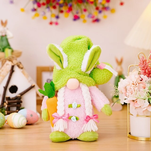 Easter LED Hat-Wearing Rabbit Dwarf Doll - Indoor Party & Restaurant Festive Decoration with AAA Battery Powered for Home Patio Garden Decorations