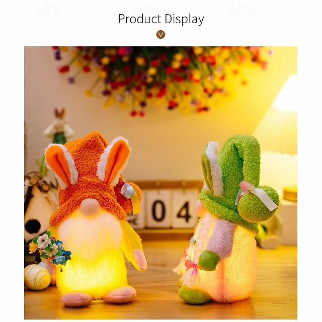 Easter LED Hat-Wearing Rabbit Dwarf Doll - Indoor Party & Restaurant Festive Decoration with AAA Battery Powered for Home Patio Garden Decorations