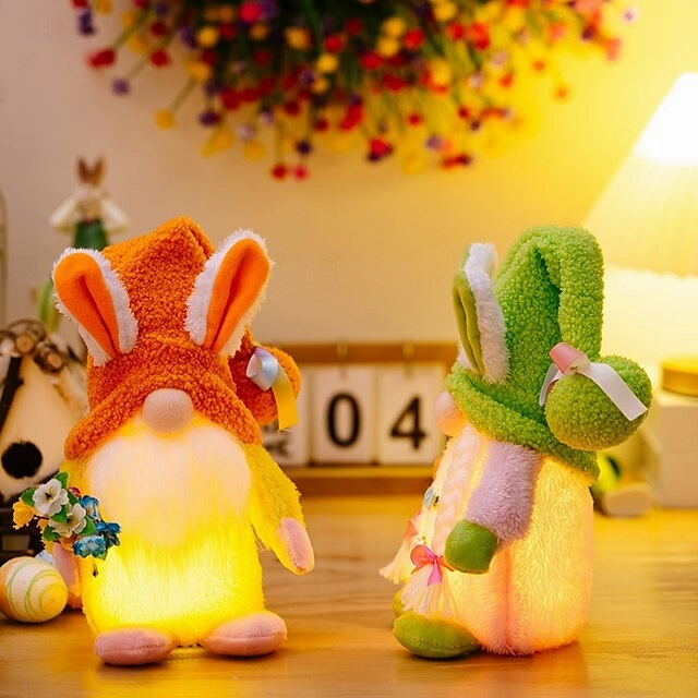 Easter LED Hat-Wearing Rabbit Dwarf Doll - Indoor Party & Restaurant Festive Decoration with AAA Battery Powered for Home Patio Garden Decorations
