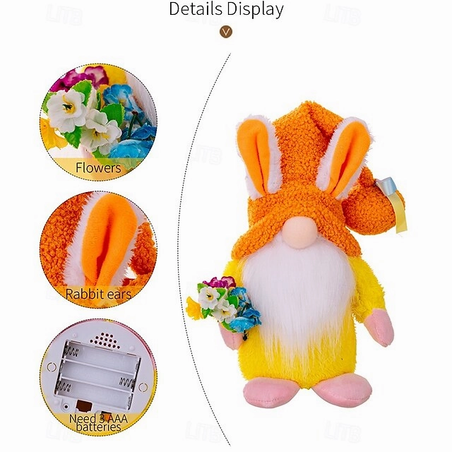 Easter LED Hat-Wearing Rabbit Dwarf Doll - Indoor Party & Restaurant Festive Decoration with AAA Battery Powered for Home Patio Garden Decorations