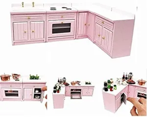 EatingBiting 1:12 Dollhouse Miniature Furniture Kitchen Wooden Pink Combination Cabinet Sink Counters 1/12 Scale Dollhouse Miniature Furniture Deluxe Wooden Kitchen Set