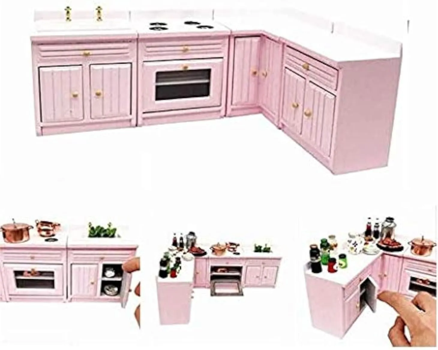 EatingBiting 1:12 Dollhouse Miniature Furniture Kitchen Wooden Pink Combination Cabinet Sink Counters 1/12 Scale Dollhouse Miniature Furniture Deluxe Wooden Kitchen Set