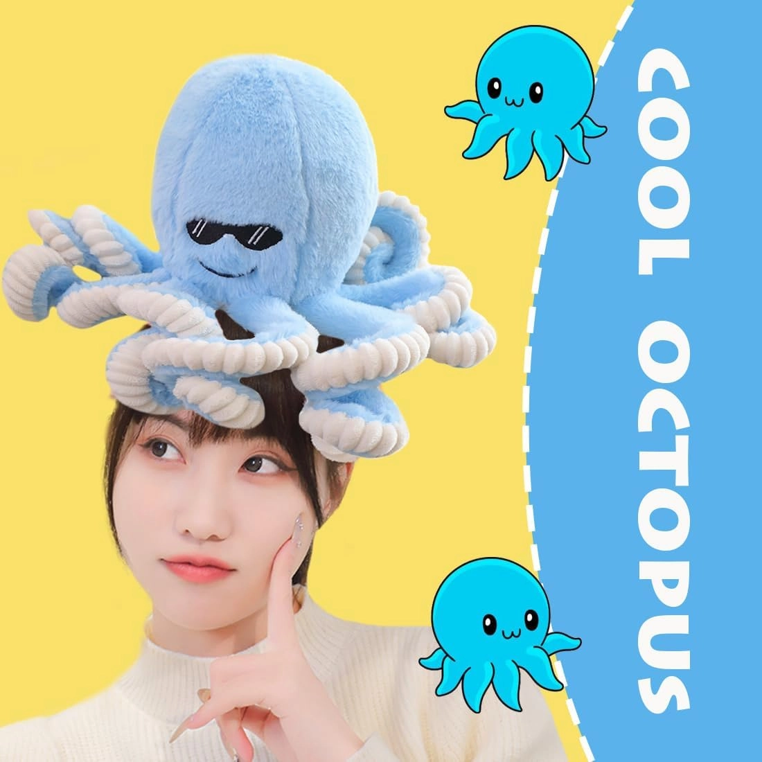 ELAINREN Furry Blue Octopus Plush Ocean Dolls,Realistic Stuffed Octopus Toy wear Sunglasses,Lifelike Marine Octopus Squid Plushie Pillow/15.7''