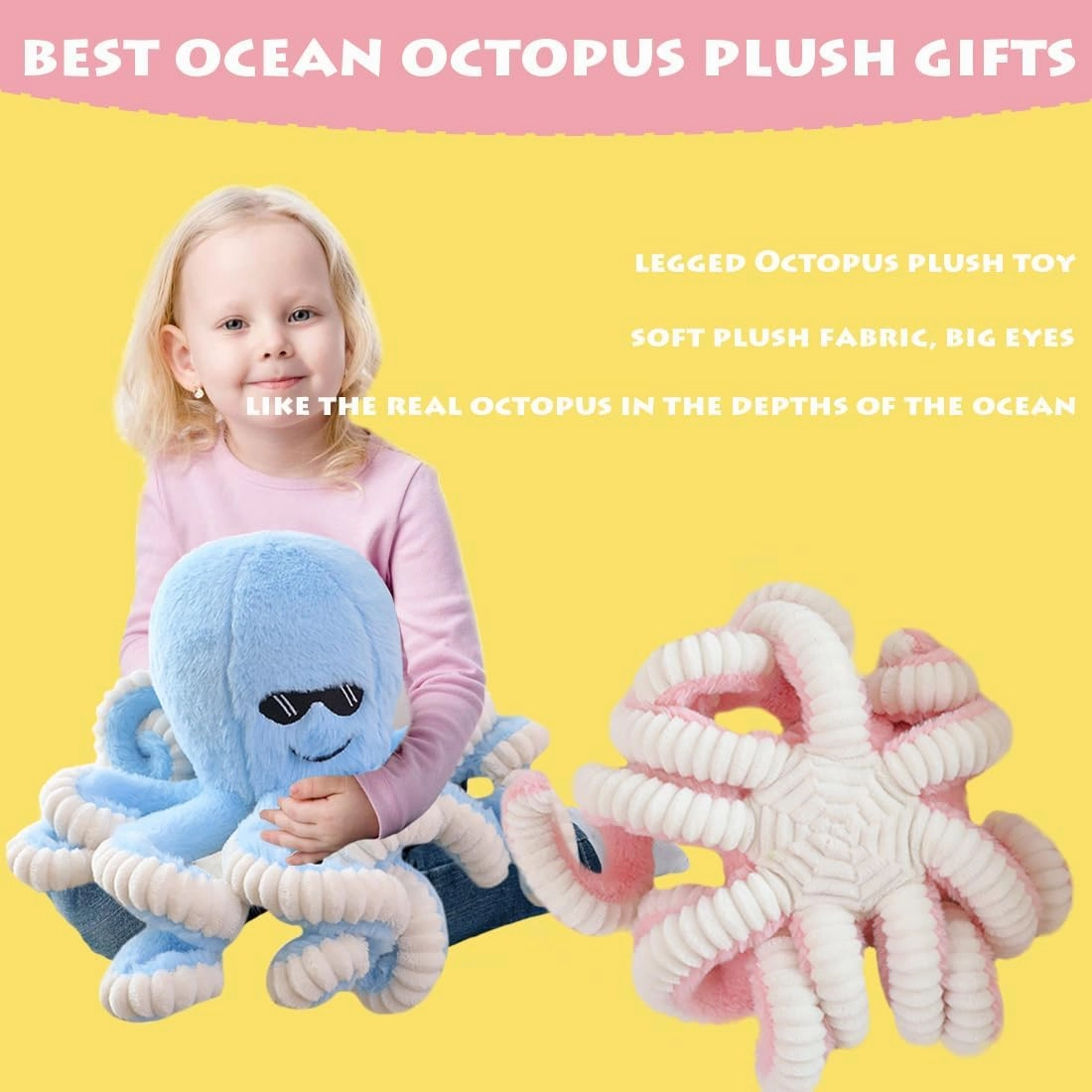 ELAINREN Furry Blue Octopus Plush Ocean Dolls,Realistic Stuffed Octopus Toy wear Sunglasses,Lifelike Marine Octopus Squid Plushie Pillow/15.7''
