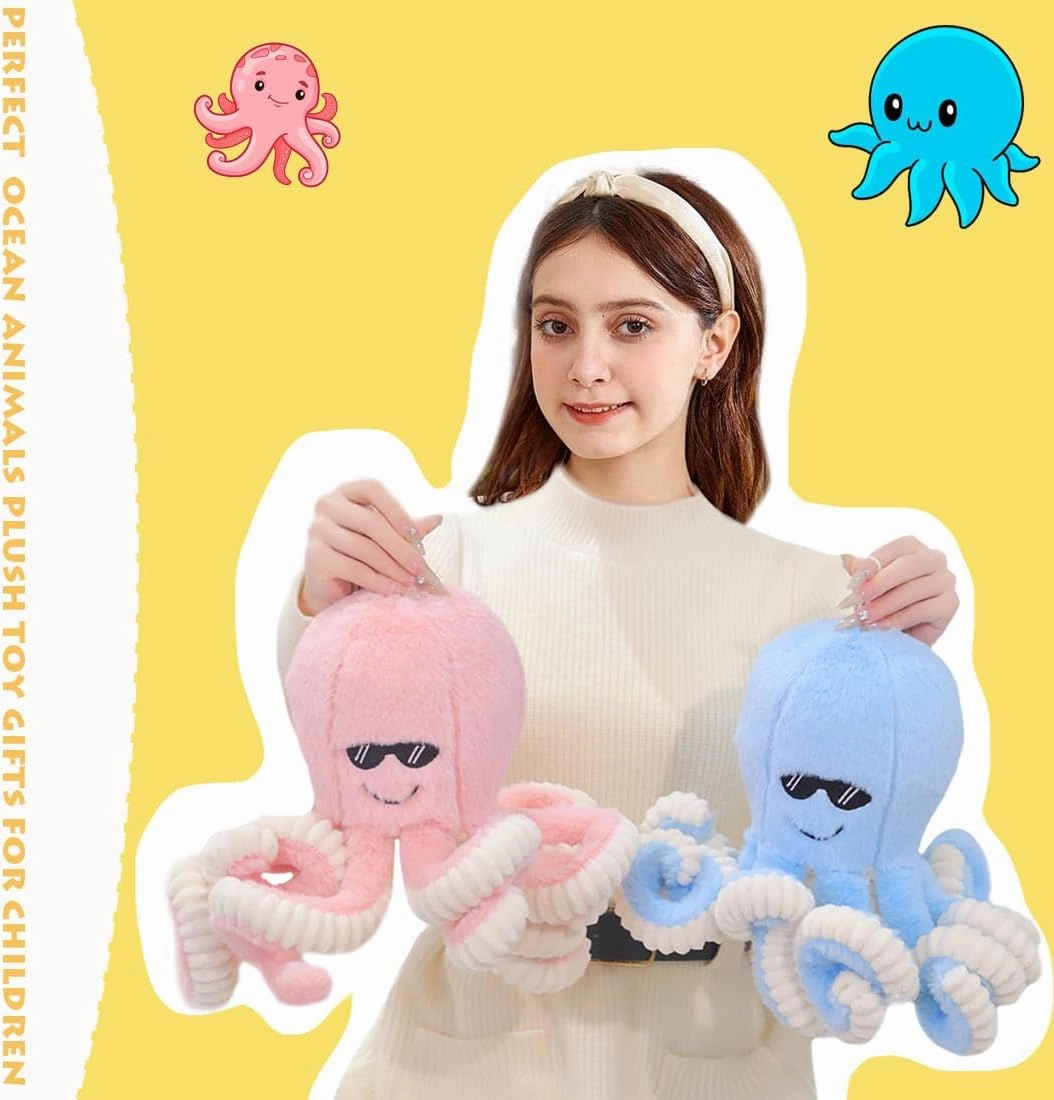 ELAINREN Furry Blue Octopus Plush Ocean Dolls,Realistic Stuffed Octopus Toy wear Sunglasses,Lifelike Marine Octopus Squid Plushie Pillow/15.7''