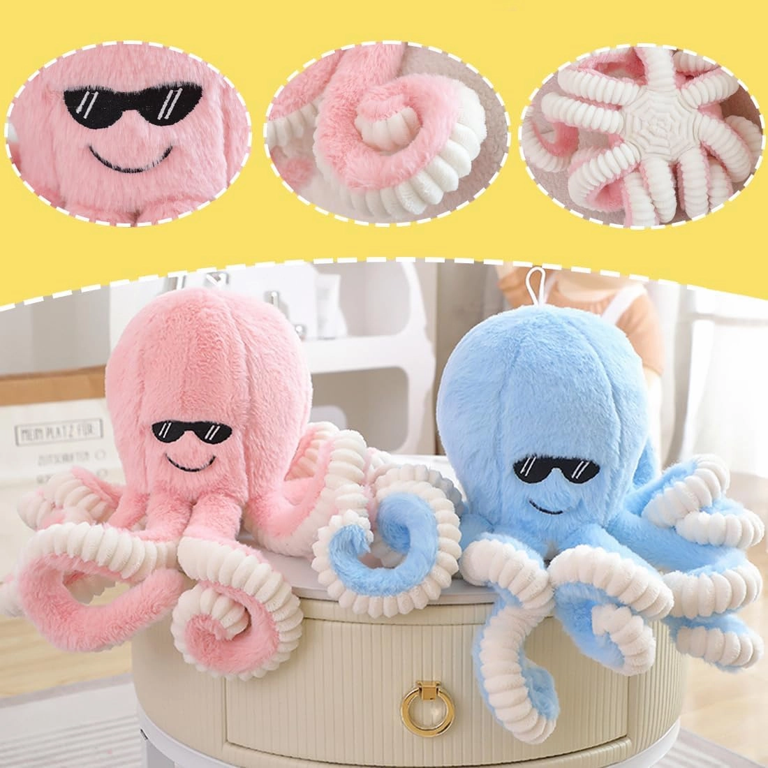 ELAINREN Furry Blue Octopus Plush Ocean Dolls,Realistic Stuffed Octopus Toy wear Sunglasses,Lifelike Marine Octopus Squid Plushie Pillow/15.7''