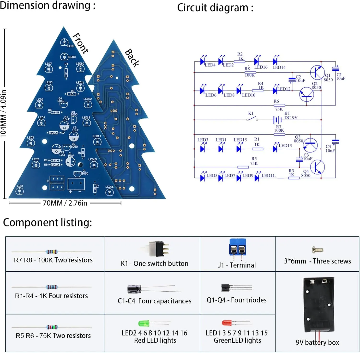 Electronic DIY Soldering Practice Learning Project Kit,Interesting Self Soldering Assembled Christmas Tree Kit with Flashing LED Lights (3IN1-SDS)