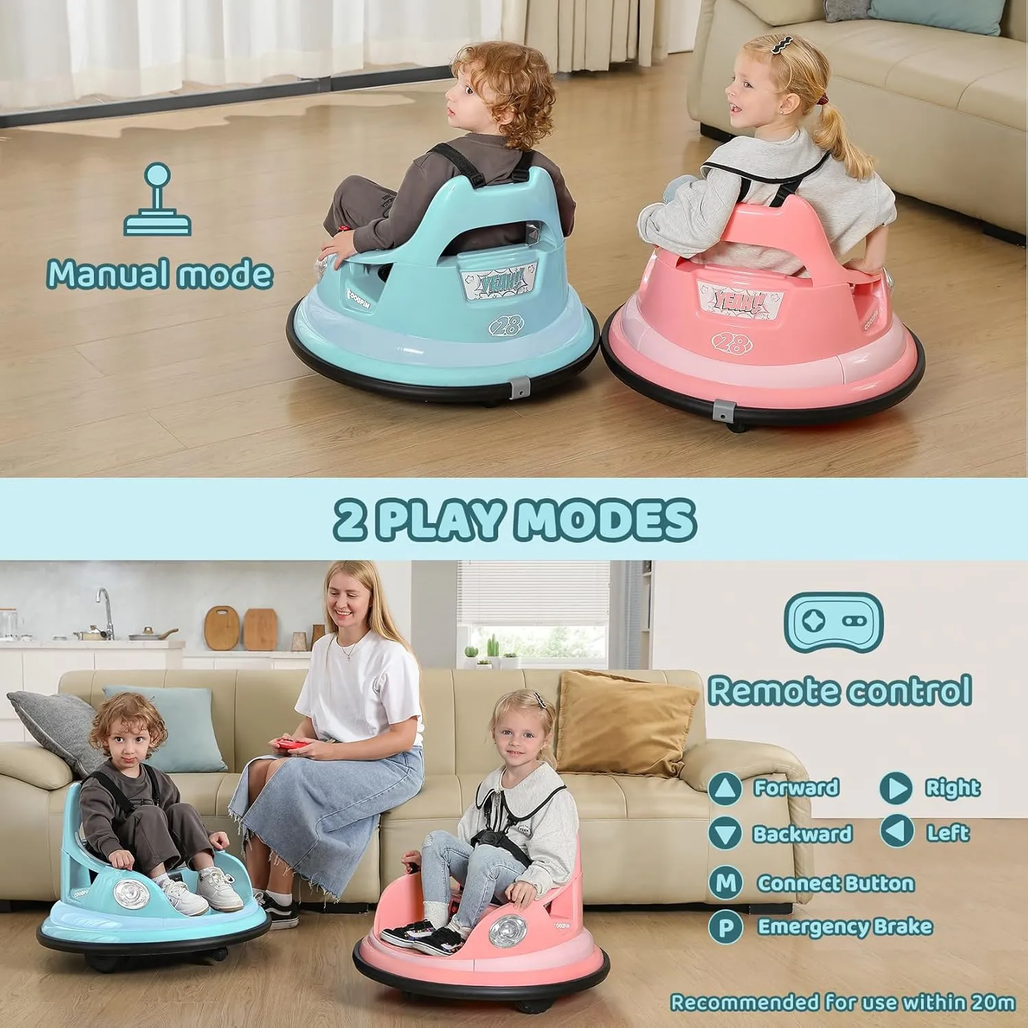 ELEMARA Ride on Bumper Car for Kids & Toddlers,1.9MPH Max,12V Ride on Toys W/Remote,2Playing Modes,2-Speed,360°Spin,Bumping Toy Gifts with W/Bluetooth,5 Flashing Lights,DIY Stickers,Light Blue