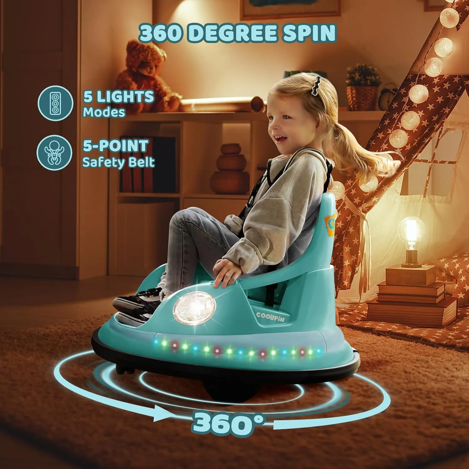 ELEMARA Ride on Bumper Car for Kids & Toddlers,1.9MPH Max,12V Ride on Toys W/Remote,2Playing Modes,2-Speed,360°Spin,Bumping Toy Gifts with W/Bluetooth,5 Flashing Lights,DIY Stickers,Light Blue