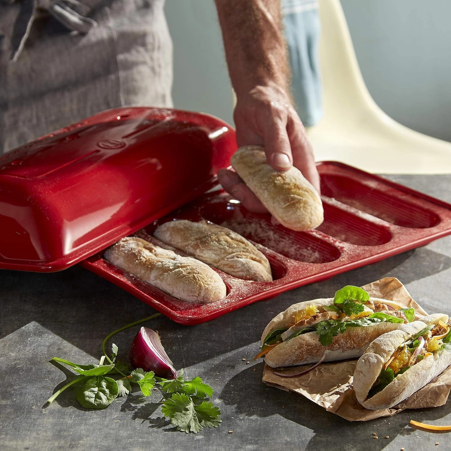 Emile Henry Mini Baguettes Baker, 5 loaves, Burgundy