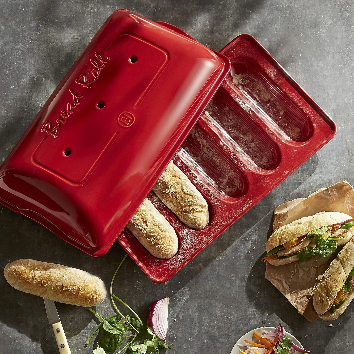 Emile Henry Mini Baguettes Baker, 5 loaves, Burgundy