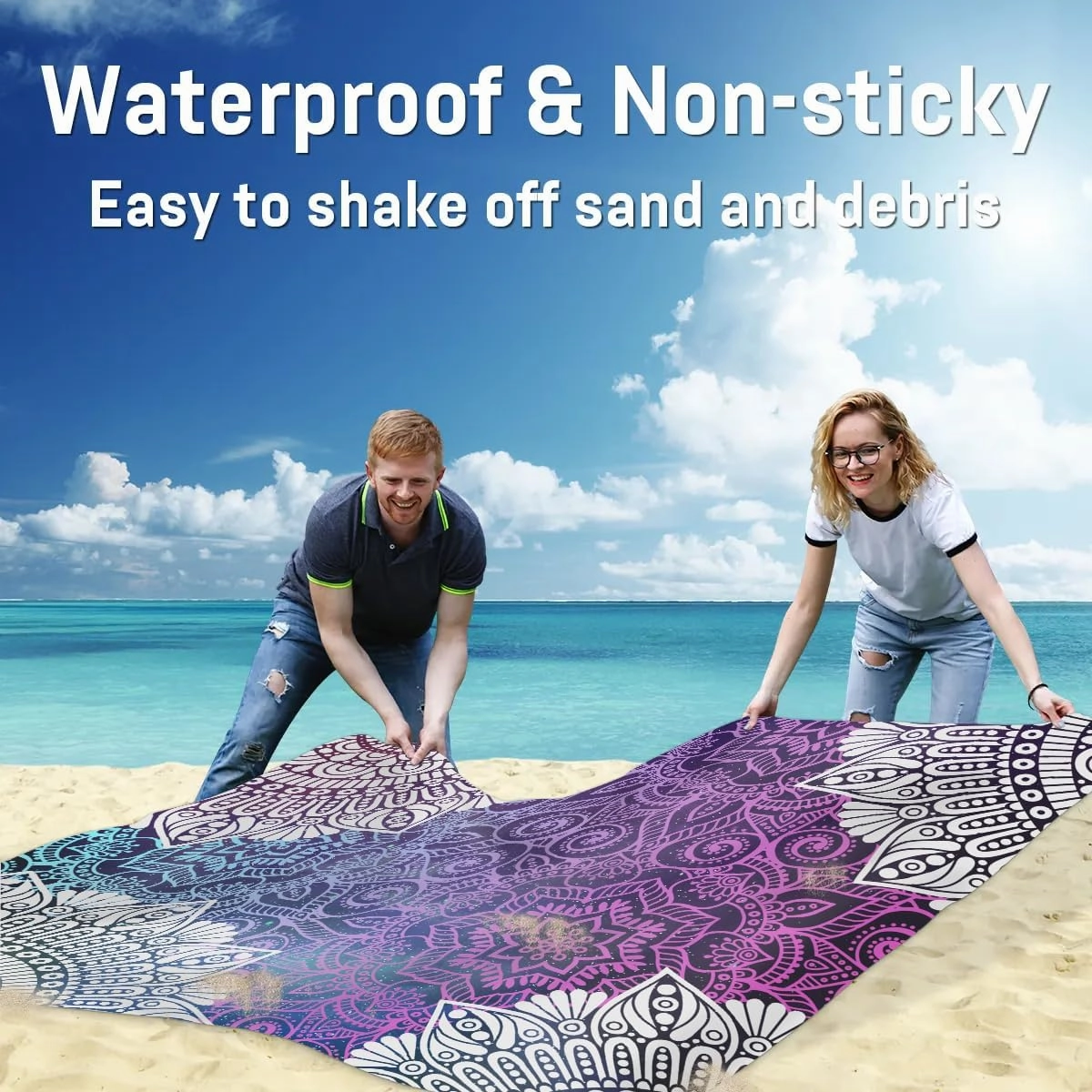 Ethnic Beach Blanket, Sandproof Beach Mat, 68 x 59 Waterproof Quick Drying Sand Free Mat with 4 x Ground Spikes for Outdoor Travel Camping Hiking, Mandala