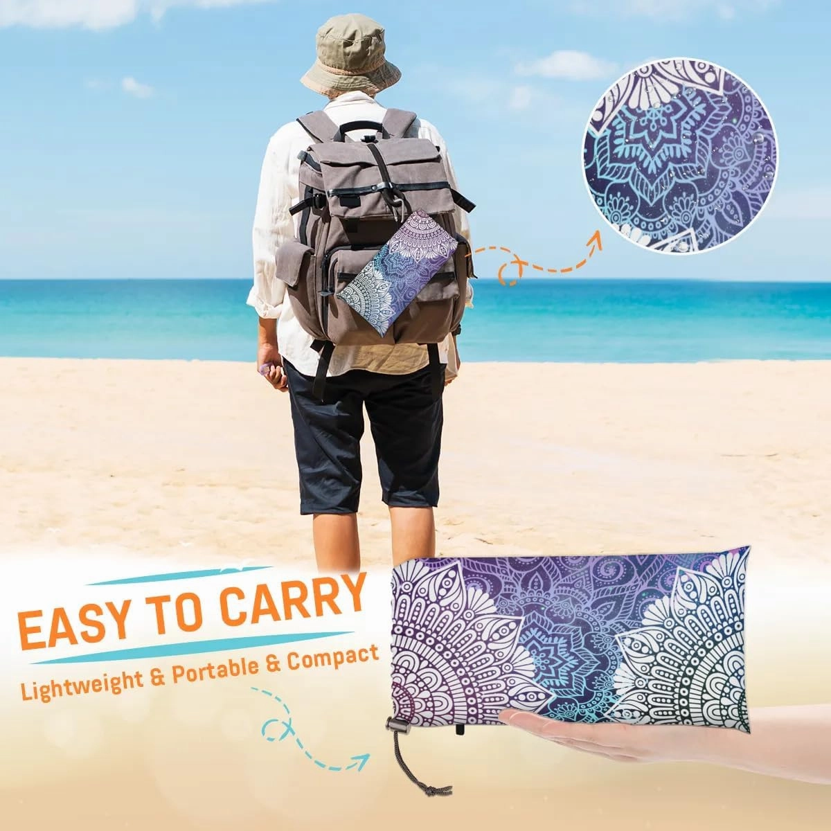 Ethnic Beach Blanket, Sandproof Beach Mat, 68 x 59 Waterproof Quick Drying Sand Free Mat with 4 x Ground Spikes for Outdoor Travel Camping Hiking, Mandala