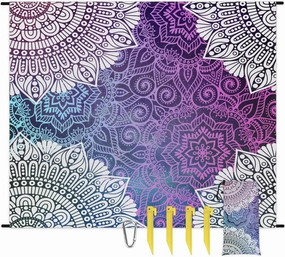 Ethnic Beach Blanket, Sandproof Beach Mat, 68 x 59 Waterproof Quick Drying Sand Free Mat with 4 x Ground Spikes for Outdoor Travel Camping Hiking, Mandala