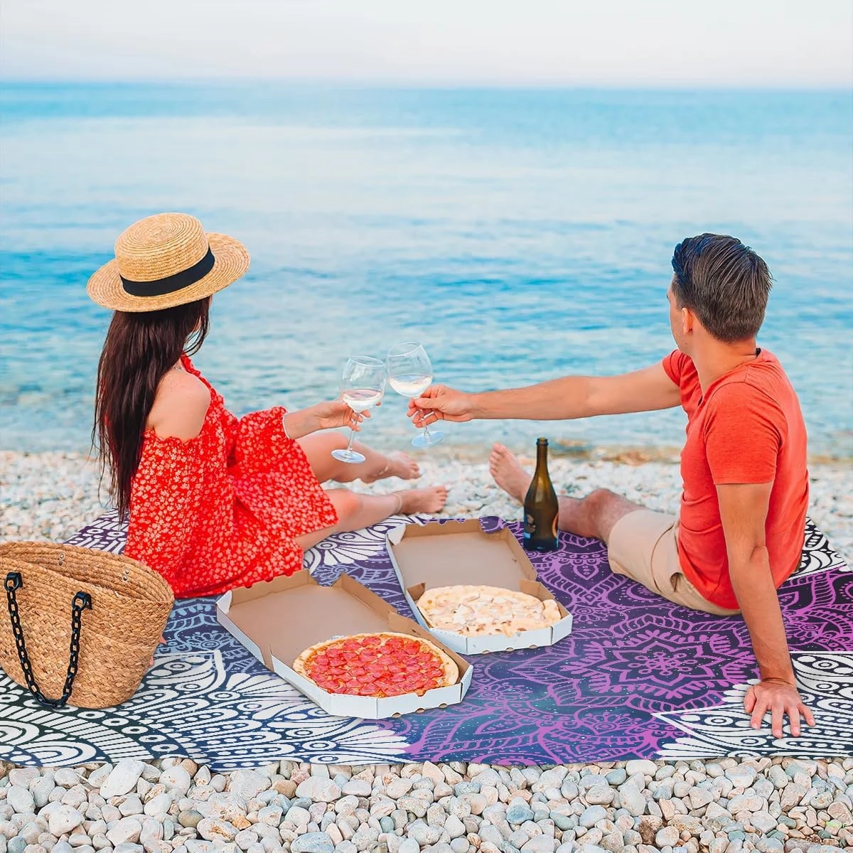 Ethnic Beach Blanket, Sandproof Beach Mat, 68 x 59 Waterproof Quick Drying Sand Free Mat with 4 x Ground Spikes for Outdoor Travel Camping Hiking, Mandala
