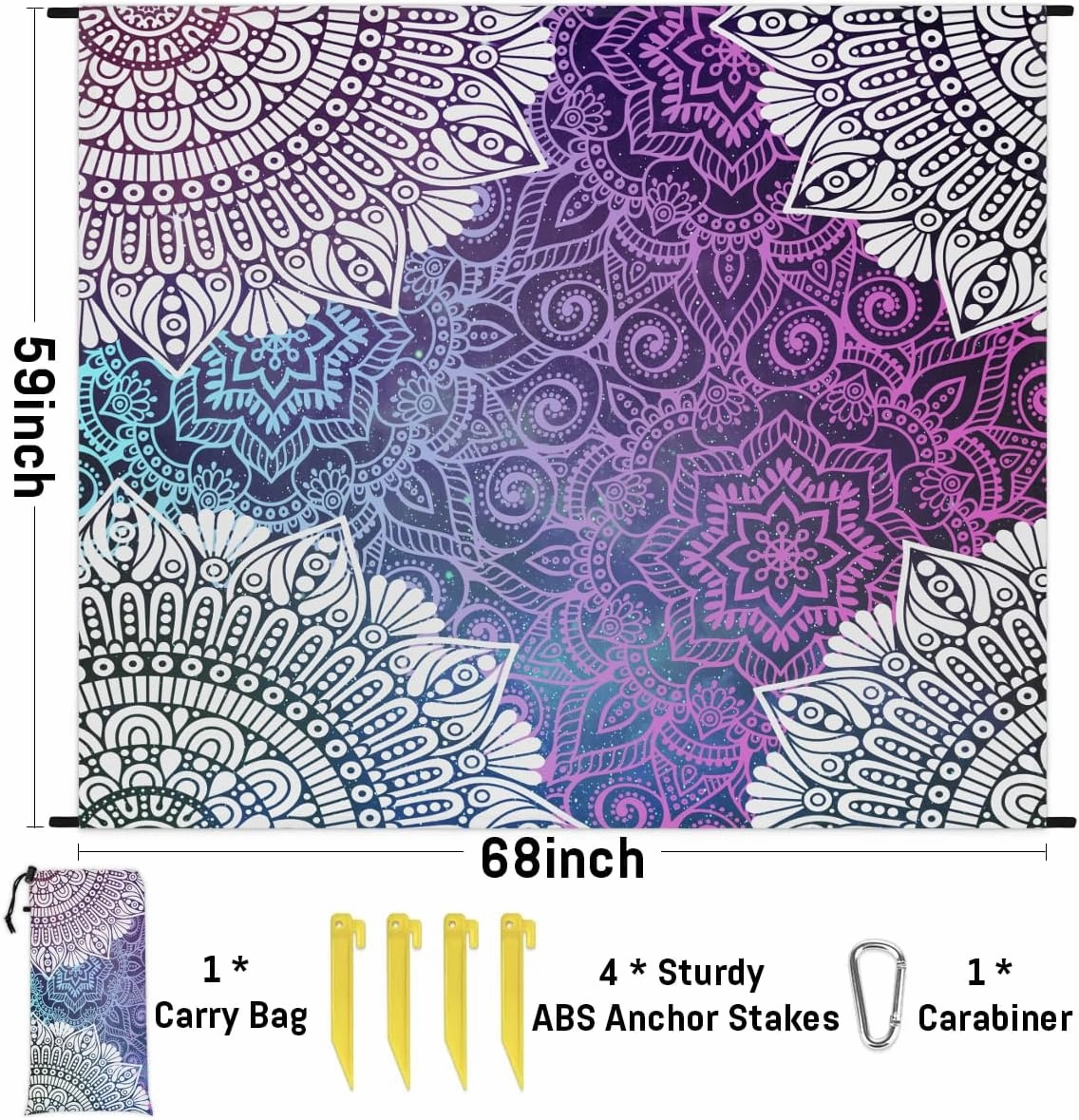 Ethnic Beach Blanket, Sandproof Beach Mat, 68 x 59 Waterproof Quick Drying Sand Free Mat with 4 x Ground Spikes for Outdoor Travel Camping Hiking, Mandala