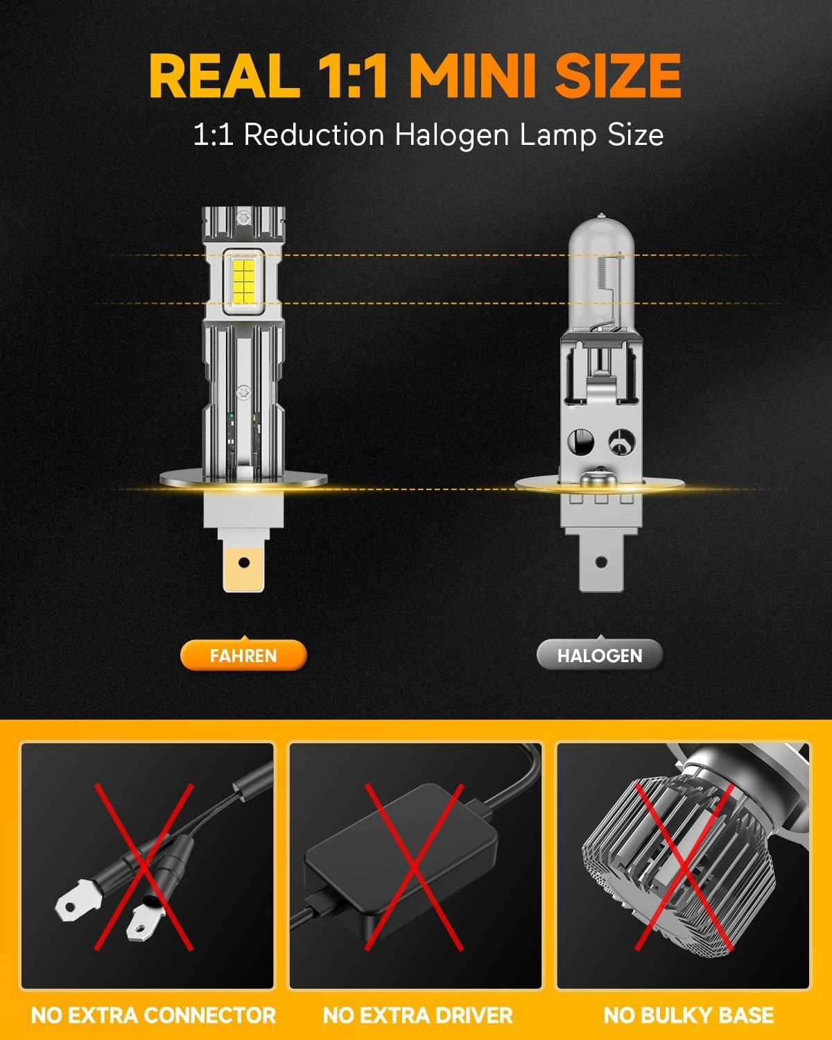 FAHREN 2024 Upgraded H1 Bulb, 1:1 Mini Size H1 Fog Light Bulbs, Plug and Play No Adapter Required Non-Polarity, Super Bright 6500K, IP68 Waterproof Pack of 2