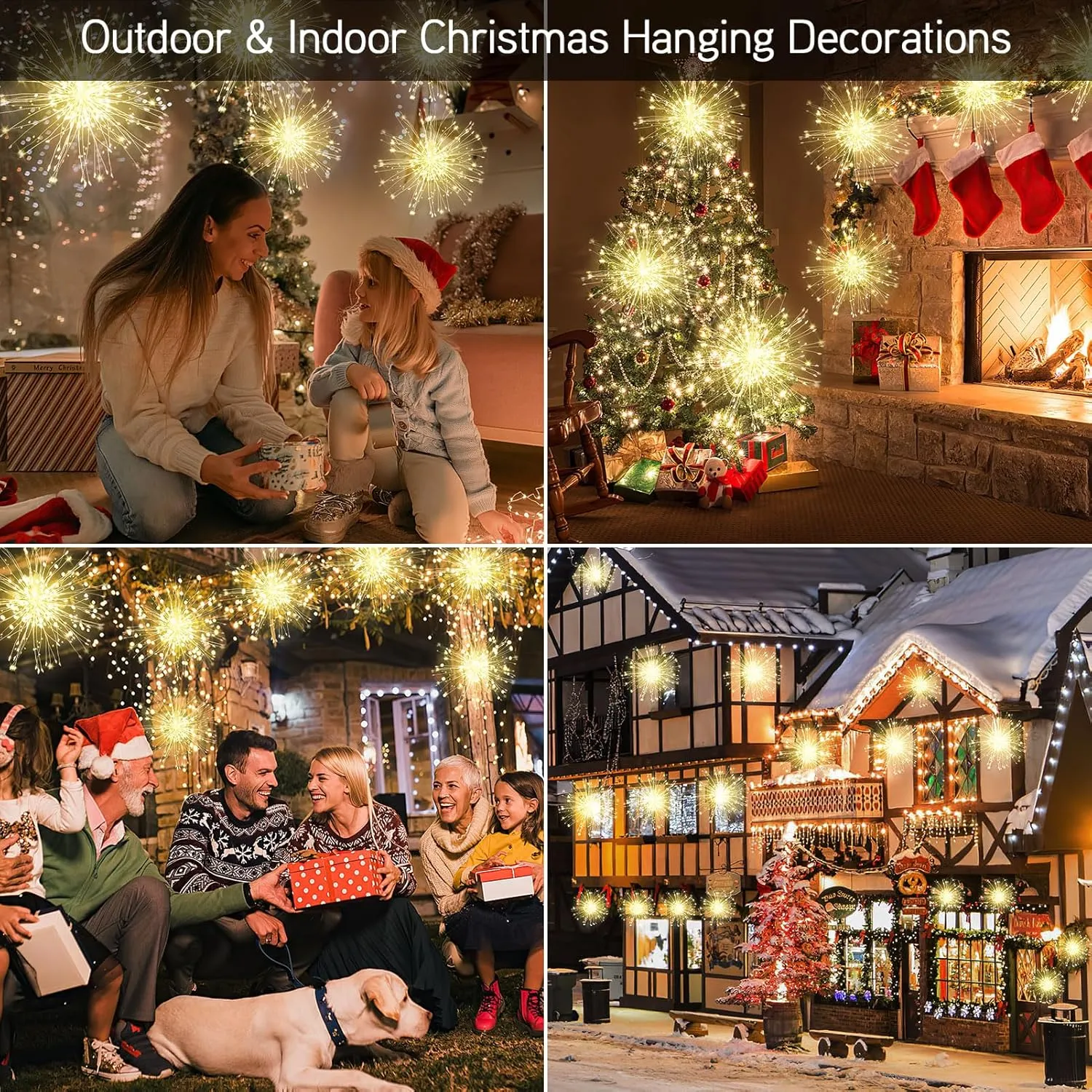 Fairy Firework String Wire Lights, LED DIY 8 Modes Dimmable Lights, Waterproof Decorative Hanging Starburst Lights for Christmas, Home, Patio, Indoor Outdoor Decoration (120-Warmlight, 4 Pack)