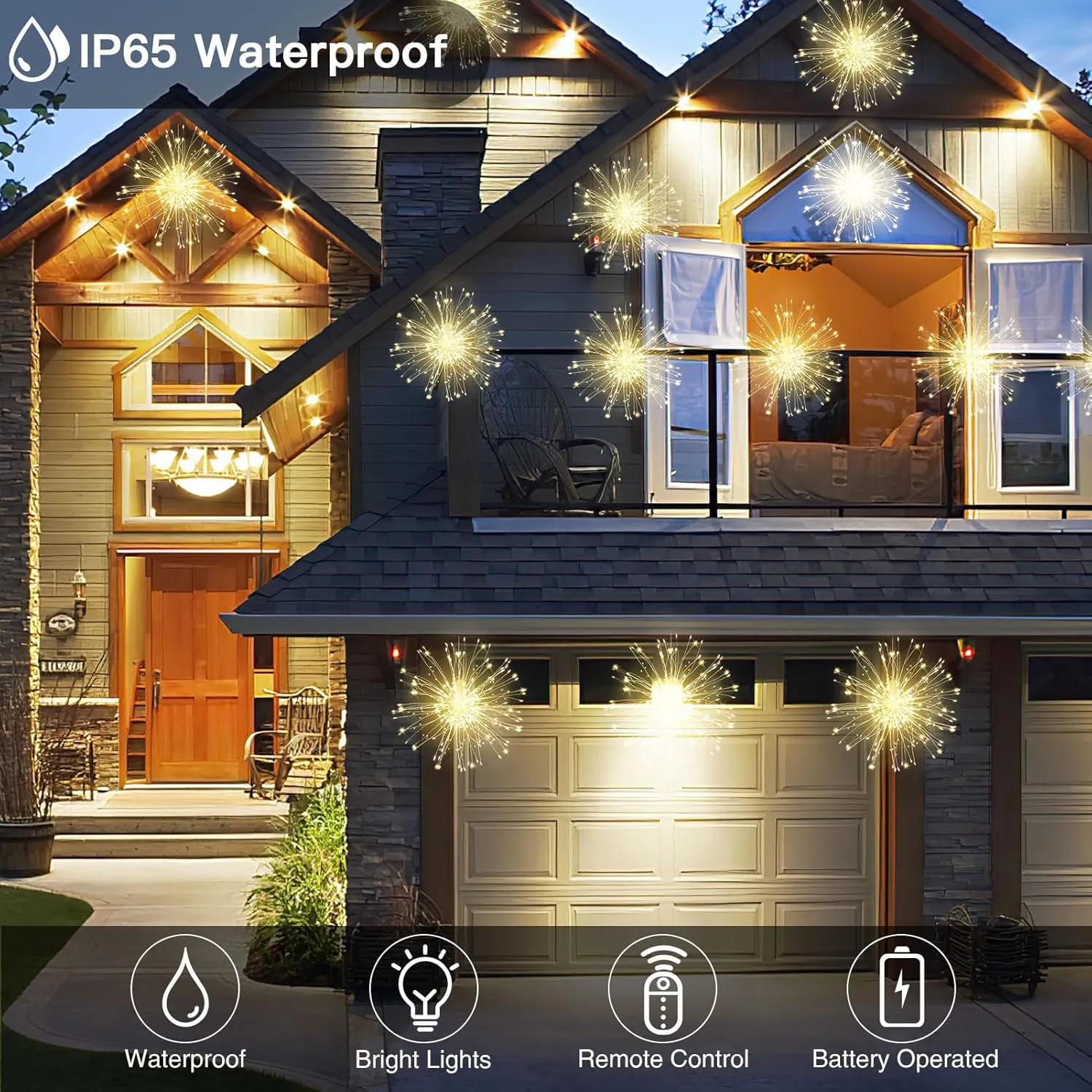 Fairy Firework String Wire Lights, LED DIY 8 Modes Dimmable Lights, Waterproof Decorative Hanging Starburst Lights for Christmas, Home, Patio, Indoor Outdoor Decoration (120-Warmlight, 4 Pack)