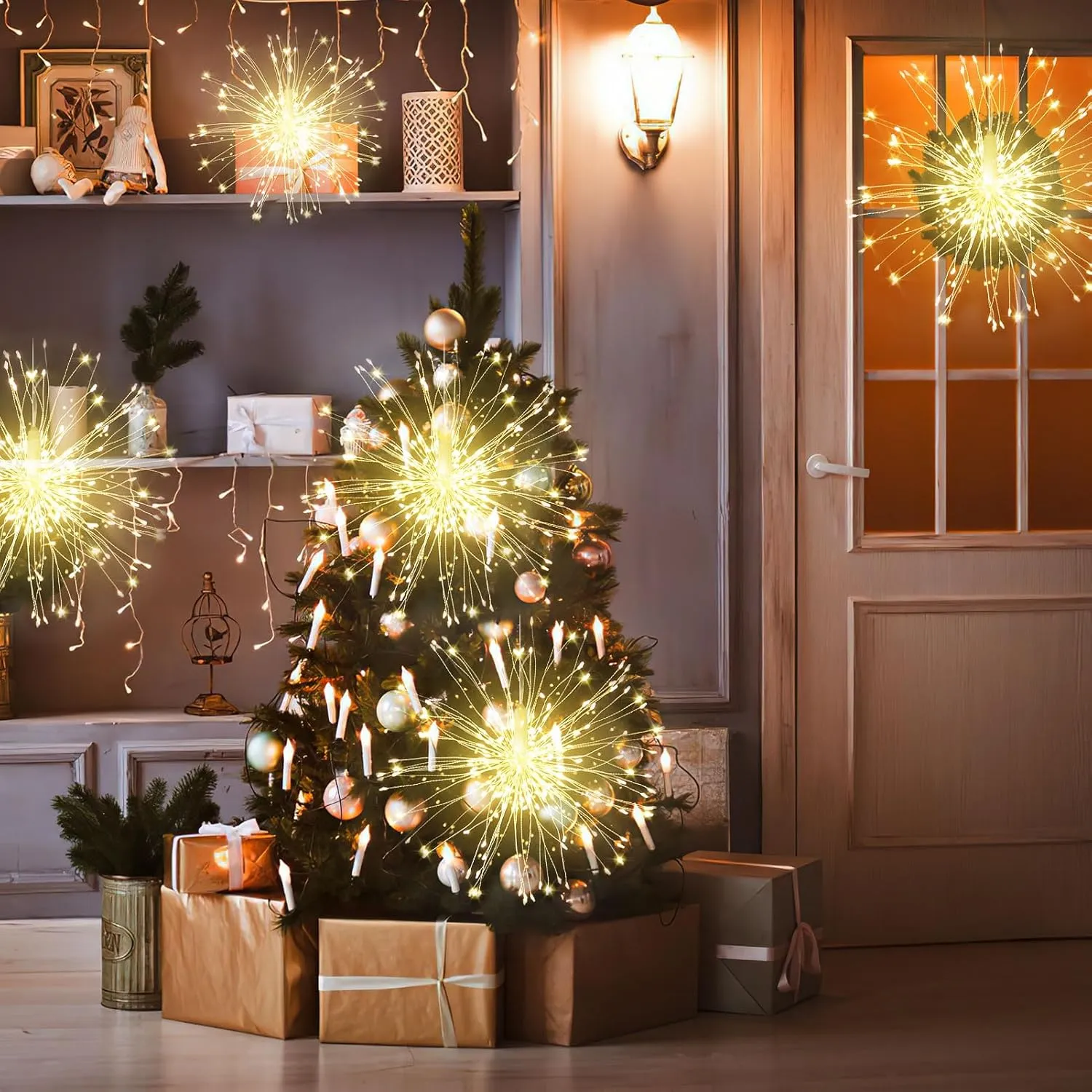 Fairy Firework String Wire Lights, LED DIY 8 Modes Dimmable Lights, Waterproof Decorative Hanging Starburst Lights for Christmas, Home, Patio, Indoor Outdoor Decoration (120-Warmlight, 4 Pack)