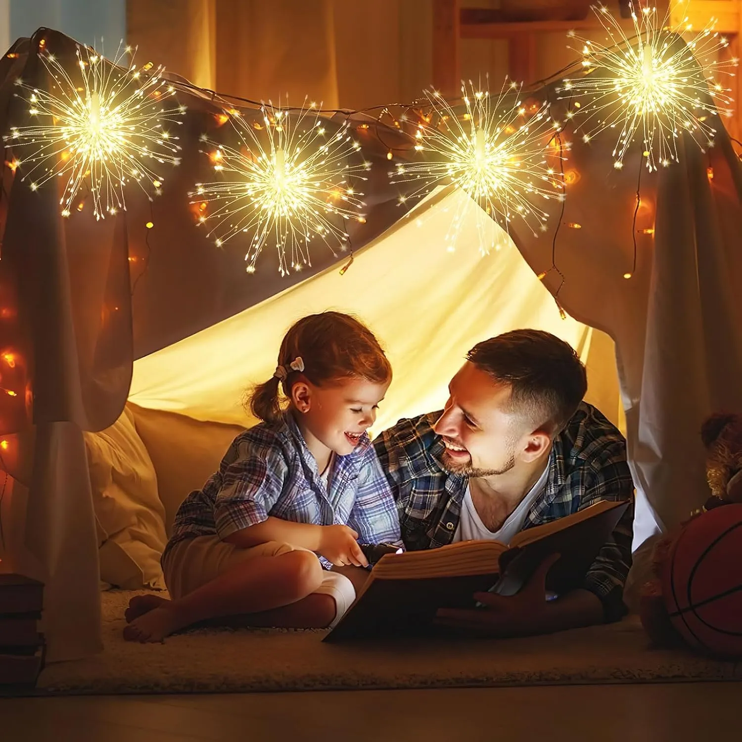 Fairy Firework String Wire Lights, LED DIY 8 Modes Dimmable Lights, Waterproof Decorative Hanging Starburst Lights for Christmas, Home, Patio, Indoor Outdoor Decoration (120-Warmlight, 4 Pack)