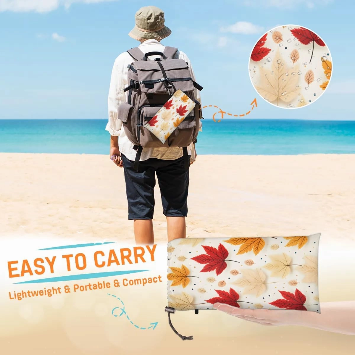 Fall Thanksgiving Beach Blanket, Sandproof Beach Mat, 68 x 59 Waterproof Quick Drying Sand Free Mat with 4 x Ground Spikes for Outdoor Travel Camping Hiking, Maple Leaves