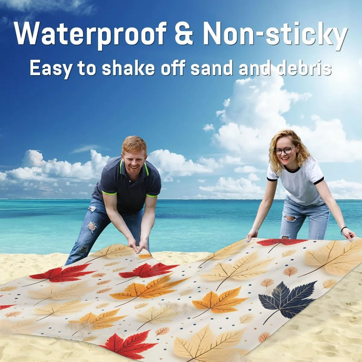 Fall Thanksgiving Beach Blanket, Sandproof Beach Mat, 68 x 59 Waterproof Quick Drying Sand Free Mat with 4 x Ground Spikes for Outdoor Travel Camping Hiking, Maple Leaves