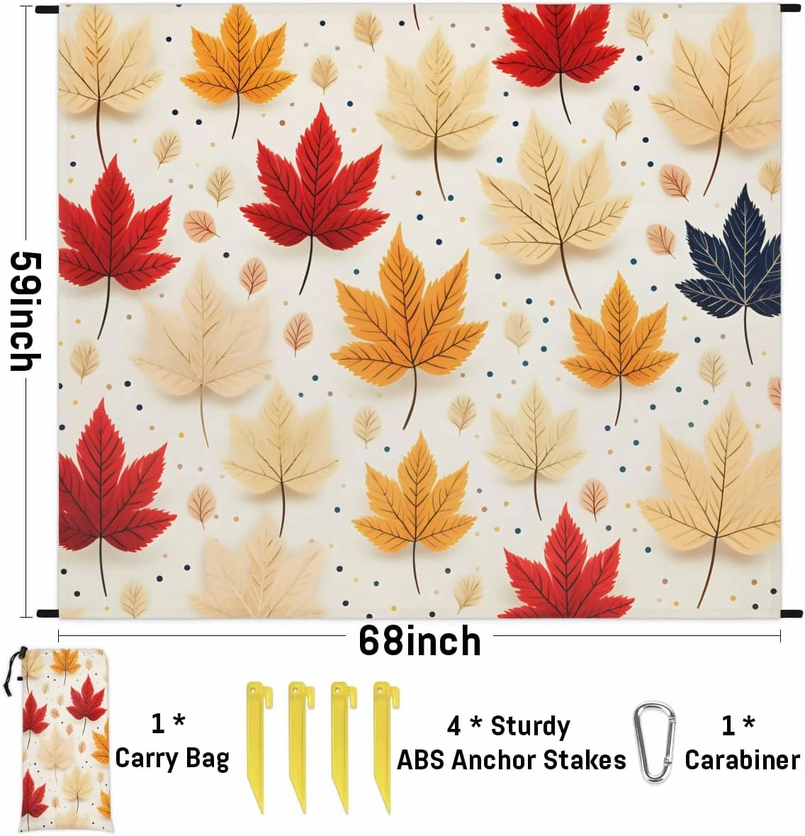 Fall Thanksgiving Beach Blanket, Sandproof Beach Mat, 68 x 59 Waterproof Quick Drying Sand Free Mat with 4 x Ground Spikes for Outdoor Travel Camping Hiking, Maple Leaves